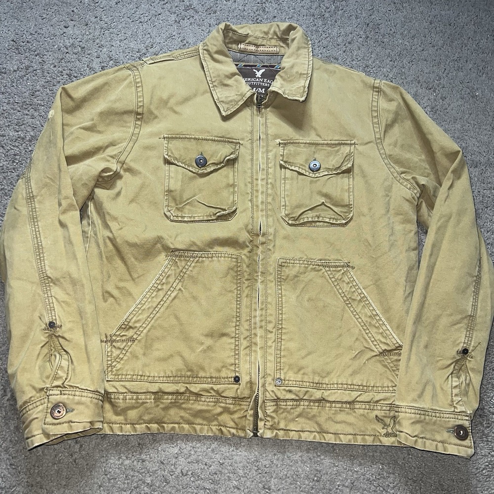 Vintage American Eagle Jacket Mens Medium Beige Canvas Military Full Zip Lined